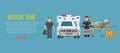 Medical team ambulance, doctors paramedics emergency service with patient disease vector illustration.