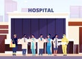 Medical team. Hospital building, professional nurse and doctors. Health specialist staff in uniform. Cartoon physicians