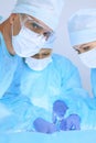 Medical team performing operation. Three of surgeons at work are busy of patient. Medicine, veterinary or healthcare and Royalty Free Stock Photo