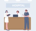 Medical team on reception. Hospital doctors and nurse. Cartoon healthcare workers, ambulance and clinic vector
