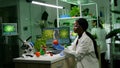 Medical team researcher working in pharmacology laboratory examining organic food