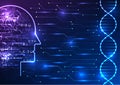 Medical technology and artificial intelligence in a captivating image. Witness the DNA structure connected to an AI brain through