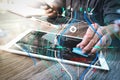 Medical technology concept. Doctor hand working with modern digital tablet and laptop computer with medical chart interface, Sun