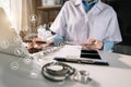 Medical technology concept. Doctor working with mobile phone and stethoscope and digital tablet. Royalty Free Stock Photo