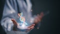 Medical technology, and futuristic concept. Medicine doctor holding blue helix DNA structure on hologram modern virtual screen Royalty Free Stock Photo