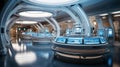 Medical technology with robotic assisted surgery in operating room with treatment beds. Sci fi futuristic interior