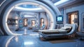 Medical technology with robotic assisted surgery in operating room with treatment beds. Sci fi futuristic interior