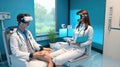 Doctors and patients use VR technology. Future medical technology uses AI robots for diagnosis.