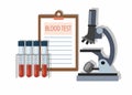 Medical test tubes with blood in holder, test results and Microscope on white.