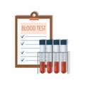 Medical test tubes with blood in holder and test results on white.