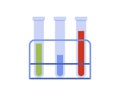 Medical test tubes with samples, blue, flasks with red and green liquid on rack Royalty Free Stock Photo