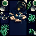 Medical theme collage. Green pills set of images shot with copyspace Royalty Free Stock Photo