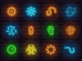 Medical theme colorful neon icons set of bacteria virus cell on a brick wall background. collection of signs symbols icons red blu Royalty Free Stock Photo