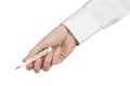 Medical theme: doctor's hand holding a thermometer to measure the temperature of the patient on a white background Royalty Free Stock Photo