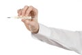 Medical theme: doctor's hand holding a thermometer to measure the temperature of the patient on a white background Royalty Free Stock Photo