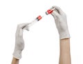 Medical theme: doctor's hand in a white glove holding a red vial of liquid for injection isolated on white background Royalty Free Stock Photo