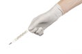 Medical theme: doctor's hand in white gloves holding a thermometer to measure the temperature of the patient on a white background Royalty Free Stock Photo