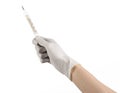 Medical theme: doctor's hand in white gloves holding a thermometer to measure the temperature of the patient on a white background Royalty Free Stock Photo