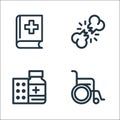 medical tools line icons. linear set. quality vector line set such as wheelchair, medicine drug, crush Royalty Free Stock Photo