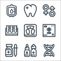 Medical tools line icons. linear set. quality vector line set such as dna, eye drops, drop medicine, x ray, weight scale, test Royalty Free Stock Photo