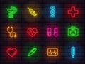 Medical topic colorful neon icons set on a brick wall background. collection of signs symbols icons