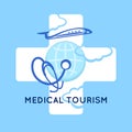 Medical tourism concept symbol background. Medical stethoscope on globe, airplane and cross as medical sign. Template logo Royalty Free Stock Photo