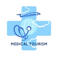 Medical tourism concept symbol background. Medical stethoscope on globe, airplane and cross as medical sign. Template logo,