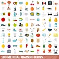 100 medical training icons set, flat style