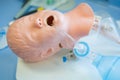 Medical training - intubation of a child sized manikin using an endotracheal tube and video laryngoscopes. Royalty Free Stock Photo