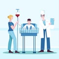 Medical treatment, patient with doctor taking blood. Flat design illustration. Vector