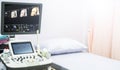 Medical ultrasound machine with linear probes in a hospital diagnostic room. Modern medical equipment, preventional medicine and h Royalty Free Stock Photo