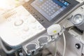 Medical ultrasound machine with linear probes in a hospital diagnostic room. Modern medical equipment, preventional Royalty Free Stock Photo