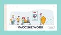 Medical Vaccination Landing Page Template. Doctor Character Holding Huge Shield Protecting Nurse Making Vaccine