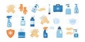 Medical vector icon. Hygiene. Disinfect gel bottle. Alcogol spray and soap, antiseptic set, antibacterial liquid, protective mask Royalty Free Stock Photo