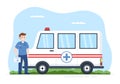 Medical Vehicle Ambulance Car or Emergency Service for Pick Up Patient the Injured in an Accident in Flat Cartoon Illustration Royalty Free Stock Photo