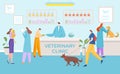 Medical veterinary clinic patient waiting room, domestic animal healthcare reception desk, queue owner flat vector