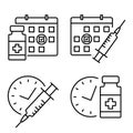 Medical vial and syringe with timer. Vaccination schedule line icon. Second injection time symbol. Immunization concept. Antiviral