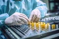 Medical vials production line: hand with sanitary gloves checking pharmaceutical bottles in a sterile factory