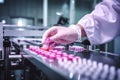 Medical vials production line: hand with sanitary gloves checking pharmaceutical bottles in a sterile factory