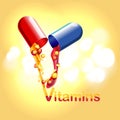 Medical vitamins and minerals the background. Tablets, health, capsules pharmaceutical pour the juice with the fruit. 3d