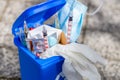 Medical waste concept, Open garbage full of pills, syringes, bandages, masks, protective gloves. Utilization and storage of