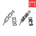 Medical waste line and glyph icon, recycle and ecology, broken syringe and vial vector icon, vector graphics, editable