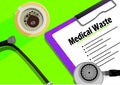 Medical Waste text on paper clip board, cup of coffee and stethoscope Royalty Free Stock Photo