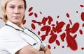 Woman doctor with erythrocytes in blood.