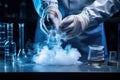 Medical worker holds test tube with frozen egg donation near Liquid Nitrogen cryostorage in IVF lab. Cryopreservation in cryo