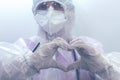 Medical worker in a mask, gloves and a Medical Protective Coverall makes a heart sign. Gray homogeneous background. Conceptual