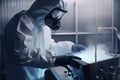 Medical worker in PPE suit works with Liquid Nitrogen cryostorage, generative AI