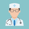 Medical worker with stethoscope, health professional avatar, medical staff, doctor icon on blue background. Vector Royalty Free Stock Photo