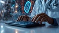 Medical worker types data on computer. Hologram of DNA molecule floats above. Data analysis for genetic symptom. Modern tech in