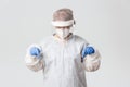 Medical workers, covid-19 pandemic, coronavirus concept. Doubtful and curious female doctor in personal protective Royalty Free Stock Photo